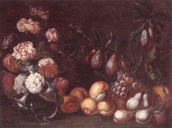 unknow artist Still life of Roses and convulvuli in a Glass vase,Together with peaches,grapes,pears and plums Norge oil painting art